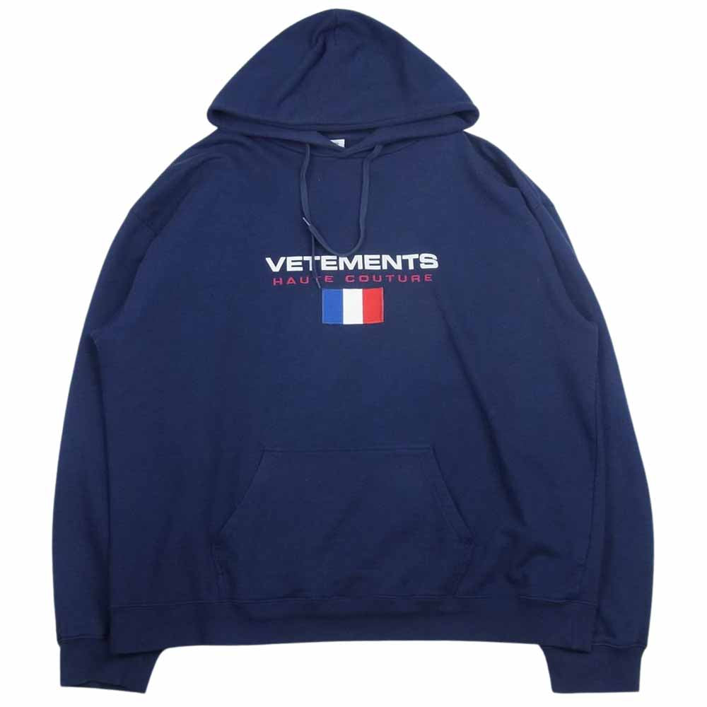 VETEMENTS ヴェトモン 17AW MAH18TR30 Haute Couture Logo Embroidered Hoodie ロゴ エンブロイダリー パーカー ネイビー系 M【中古】