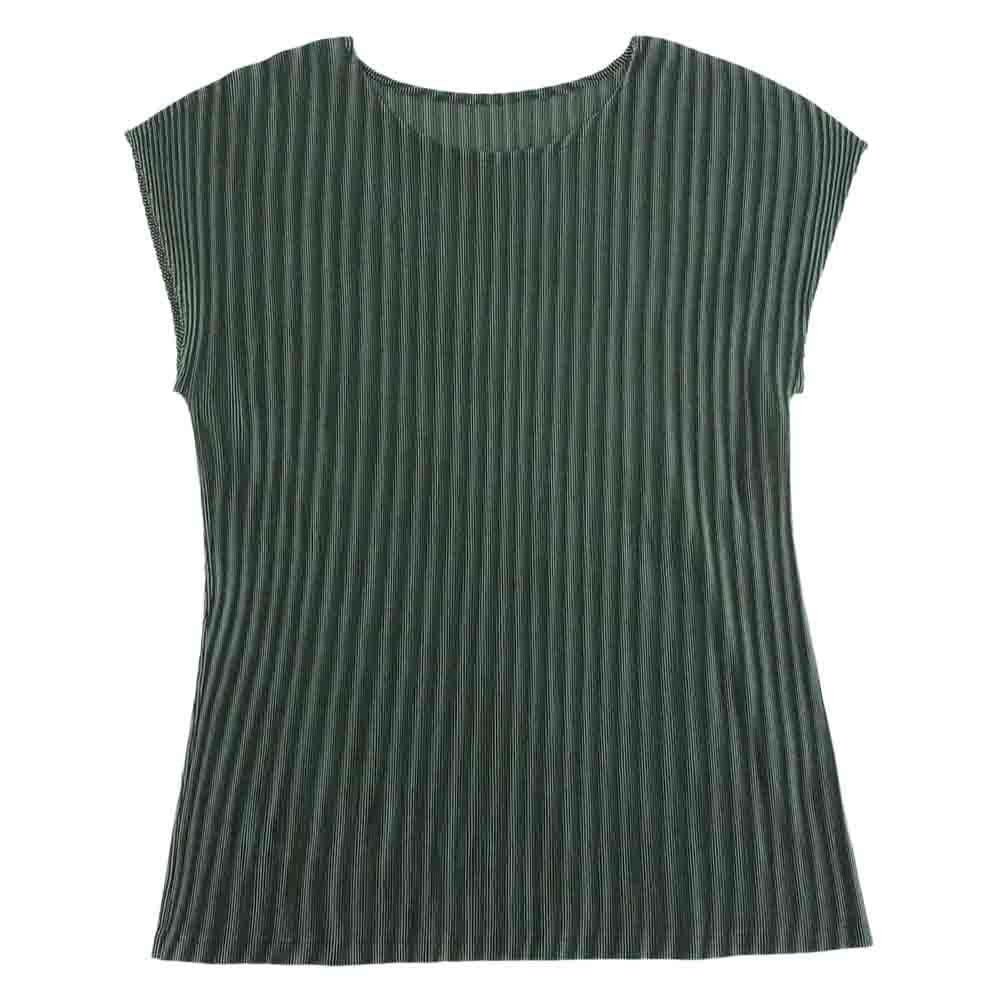 PLEATS PLEASE プリーツプリーズ イッセイミヤケ PP01FK352 プリーツ加工 ストライプ フレンチスリーブ カットソー グリーン系 3【中古】