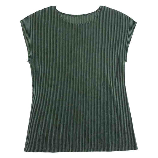 PLEATS PLEASE プリーツプリーズ イッセイミヤケ PP01FK352 プリーツ加工 ストライプ フレンチスリーブ カットソー グリーン系 3【中古】