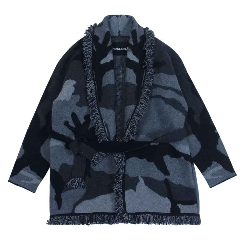 1piu1uguale3 ウノピュウノウグァーレトレ MRK157 WCA022 FRINGE ROPE GOWN カモ柄 カシミヤ混 フリンジ ロープ ショールカラー ニット ガウン  ブラック系 グレー系 V【美品】【中古】