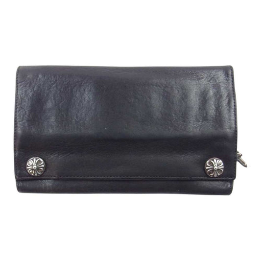 CHROME HEARTS クロムハーツ（原本無） LONG CROSS WALLET グリーシー クロスボタン レザー ロングウォレット ブラック系【中古】