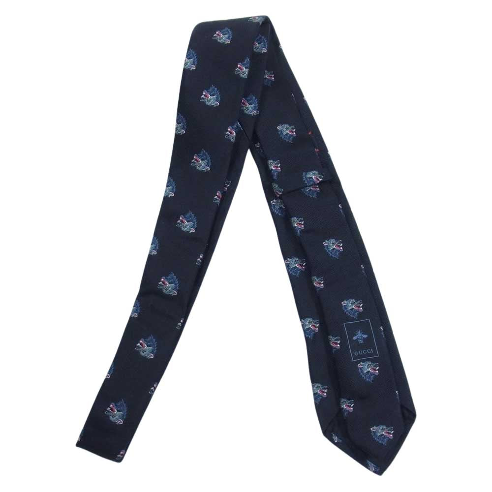 GUCCI グッチ 18SS イタリア製 ケリングジャパンタグ シルク混 ウルフ アニマル ネクタイ ブラック系 ダークネイビー系【中古】