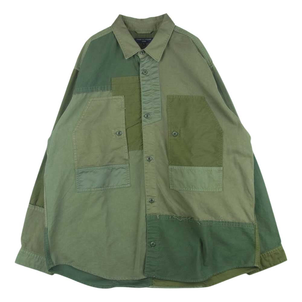 COMME des GARCONS HOMME コムデギャルソンオム 22AW HJ-B011 AD2022 綿カツラギ 多素材MIX 製品加工 ミリタリー パッチワーク 長袖 シャツ グリーン系 L【美品】【中古】