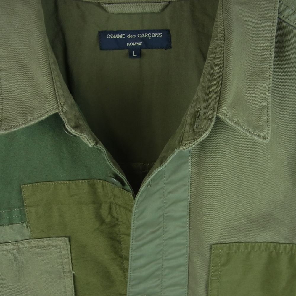 COMME des GARCONS HOMME コムデギャルソンオム 22AW HJ-B011 AD2022 綿カツラギ 多素材MIX 製品加工 ミリタリー パッチワーク 長袖 シャツ グリーン系 L【美品】【中古】