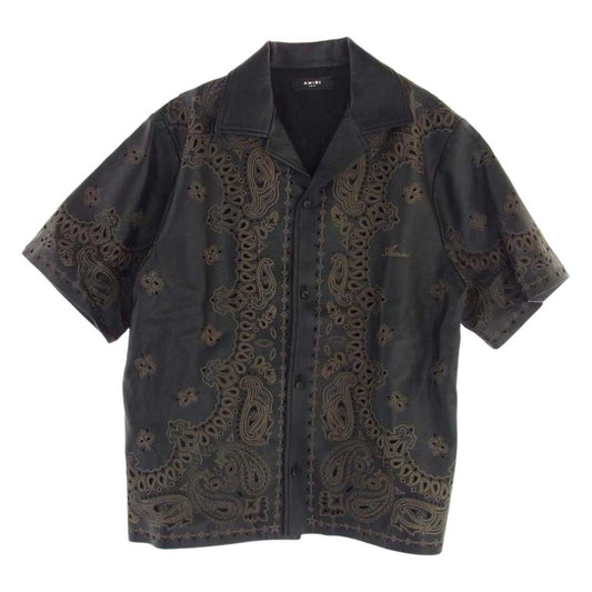 アミリ バンダナプリント レーザーカット レザー 半袖 ボウリング シャツ ブラック系【美品】【中古】