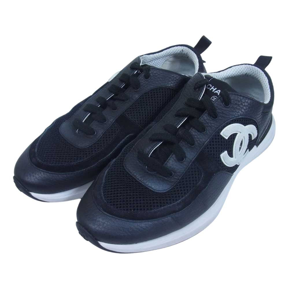 CHANEL シャネル 21SS G37492 SPORT-FLYER ココマーク レザー切替 スポーツフライヤー メッシュ スニーカー シューズ ブラック系 43【中古】