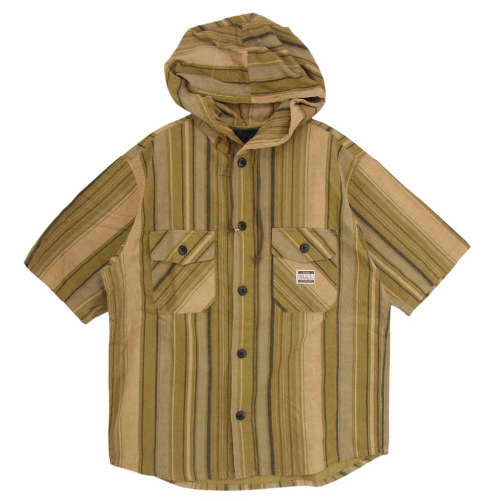 ブルオリジナル フード付 チェック柄 コーデュロイ 半袖 シャツ カーキ系 L【美品】【中古】