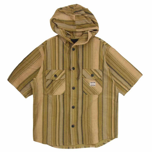 ブルオリジナル フード付 チェック柄 コーデュロイ 半袖 シャツ カーキ系 L【美品】【中古】