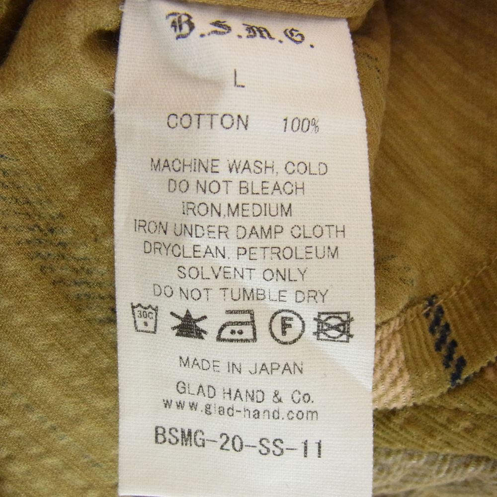 ブルオリジナル フード付 チェック柄 コーデュロイ 半袖 シャツ カーキ系 L【美品】【中古】