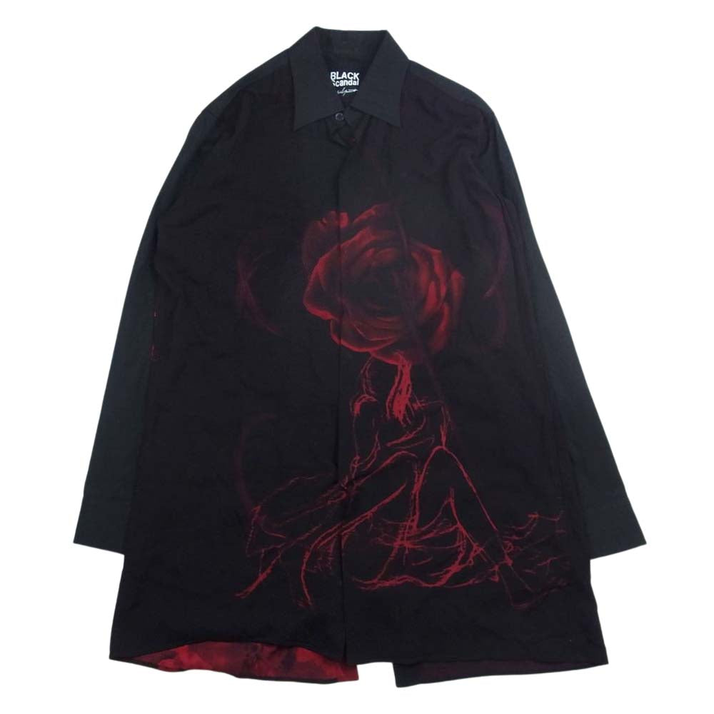 Yohji Yamamoto POUR HOMME ヨウジヤマモトプールオム 19SS HH-B84-811 Back Opening Print Shirt ブラックスキャンダル 薔薇プリント バックオープン レーヨン ロング シャツ ブラック系 2【中古】