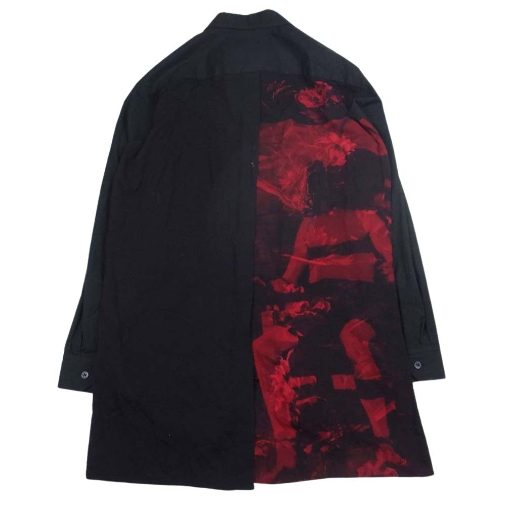 Yohji Yamamoto POUR HOMME ヨウジヤマモトプールオム 19SS HH-B84-811 Back Opening Print Shirt ブラックスキャンダル 薔薇プリント バックオープン レーヨン ロング シャツ ブラック系 2【中古】