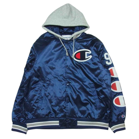 Supreme シュプリーム 18AW Champion Hooded Satin Varsity Jacket チャンピオン サテン バーシティ ジャケット スタジャン ネイビー系 L【中古】