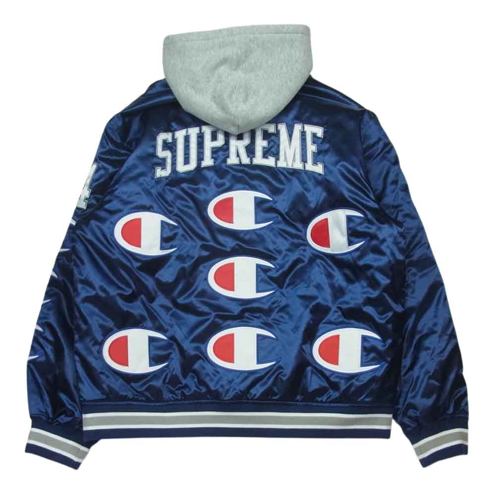 Supreme シュプリーム 18AW Champion Hooded Satin Varsity Jacket チャンピオン サテン バーシティ ジャケット スタジャン ネイビー系 L【中古】