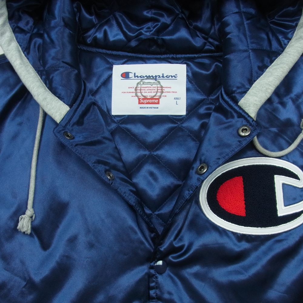 Supreme シュプリーム 18AW Champion Hooded Satin Varsity Jacket チャンピオン サテン バーシティ ジャケット スタジャン ネイビー系 L【中古】