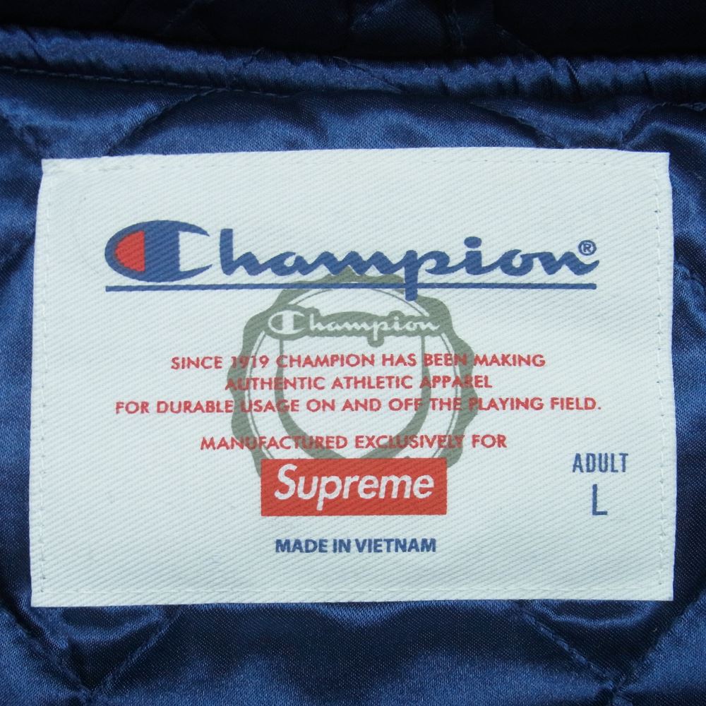 Supreme シュプリーム 18AW Champion Hooded Satin Varsity Jacket チャンピオン サテン バーシティ ジャケット スタジャン ネイビー系 L【中古】
