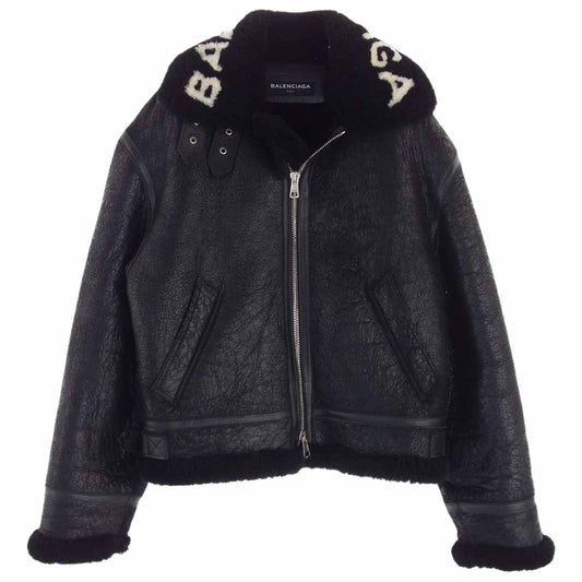 BALENCIAGA バレンシアガ 17AW 486093 TSH11 国内正規品 Shearling Bombadier ロゴ リアルムートン レザー ボンバー ジャケット  ブラック系 44【中古】
