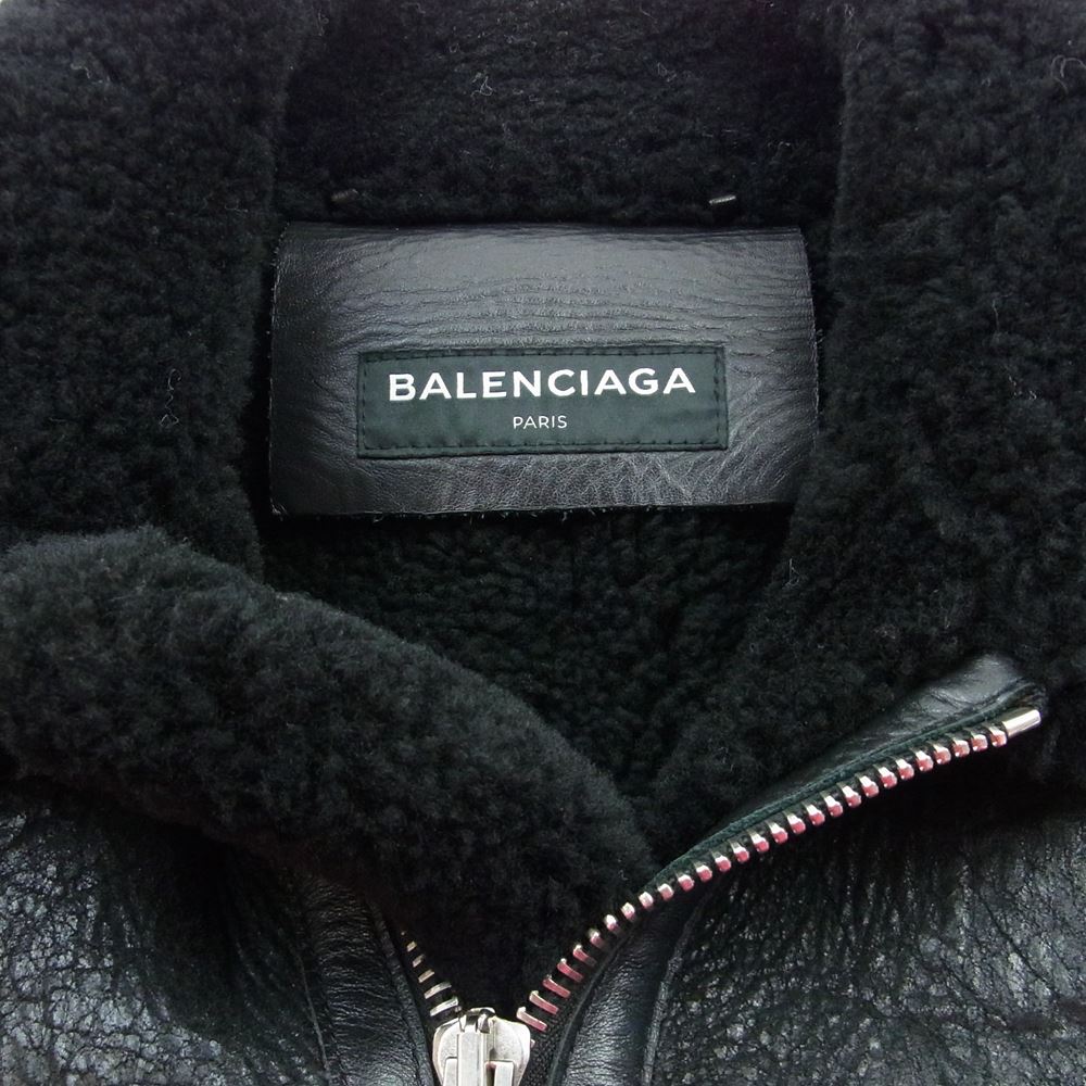 BALENCIAGA バレンシアガ 17AW 486093 TSH11 国内正規品 Shearling Bombadier ロゴ リアルムートン レザー ボンバー ジャケット  ブラック系 44【中古】