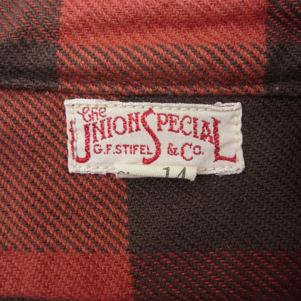 FREEWHEELERS フリーホイーラーズ union special  ブロックチェック ヘビーネル ワークシャツ ブラウン系 オレンジ系 14【中古】