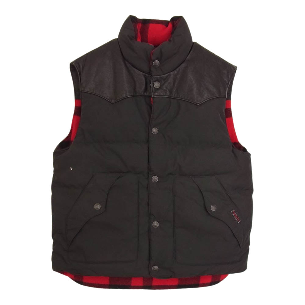 POLO RALPH LAUREN ポロ・ラルフローレン リバーシブル ウール チェック レザー 切替 ダウン ベスト ブラック系 L【中古】