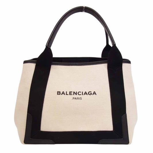 BALENCIAGA バレンシアガ 339933 ネイビーカバス キャンバス×レザー トートバッグ ベージュ オフホワイト系【中古】