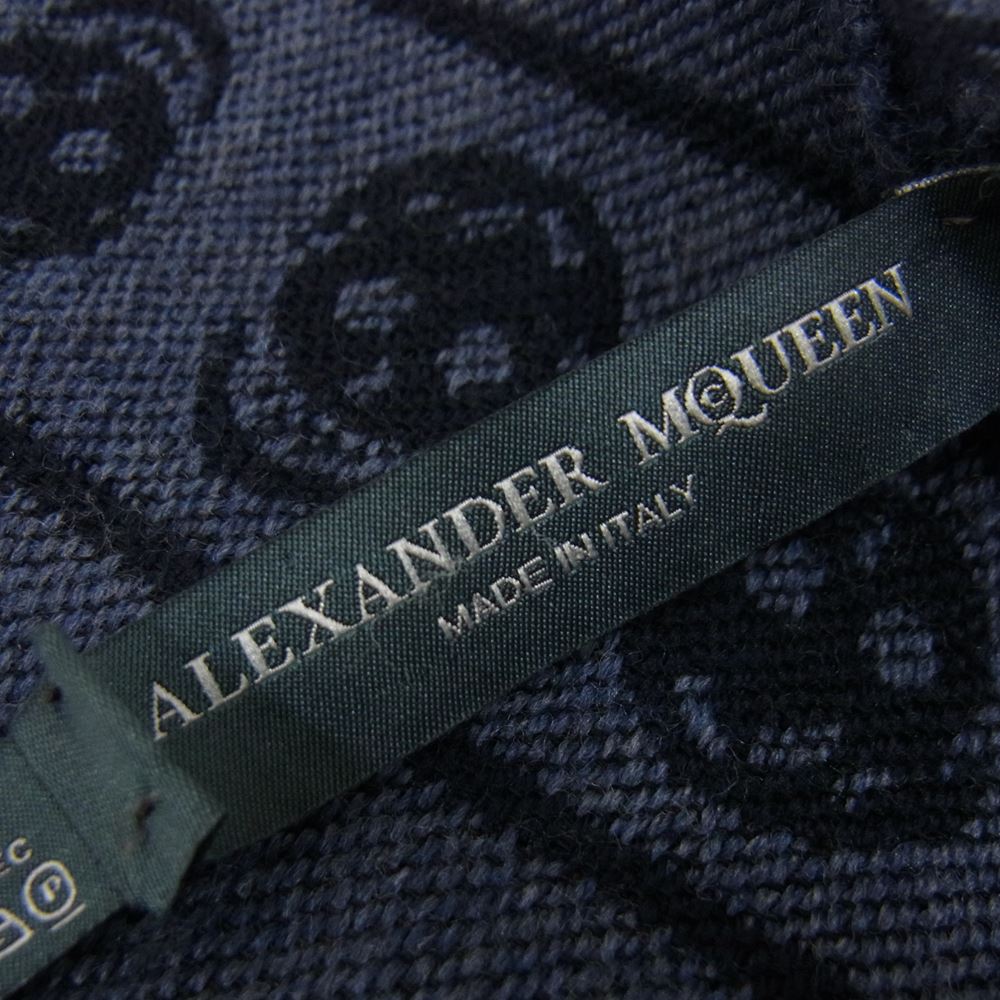 Alexander McQueen アレキサンダーマックイーン イタリア製 スカル総柄 ウール フリンジ マフラー ストール ネイビー系【中古】