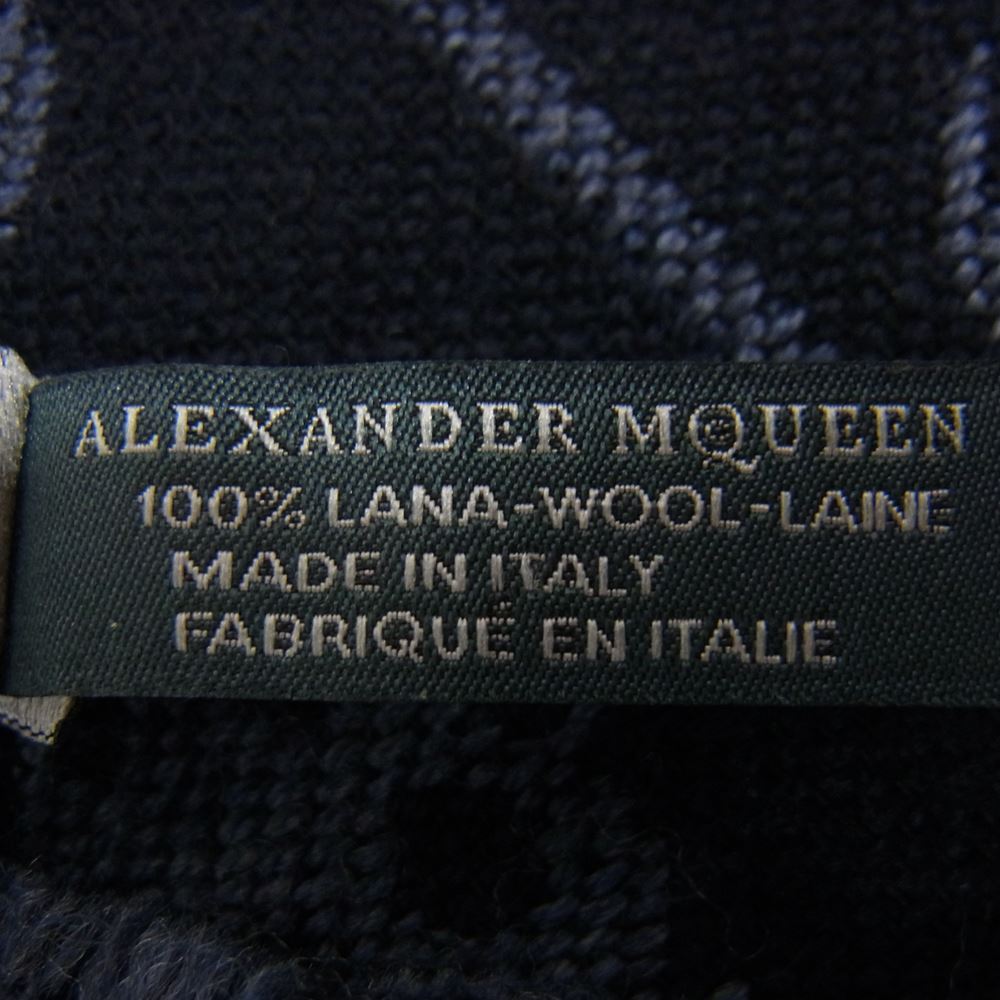 Alexander McQueen アレキサンダーマックイーン イタリア製 スカル総柄 ウール フリンジ マフラー ストール ネイビー系【中古】