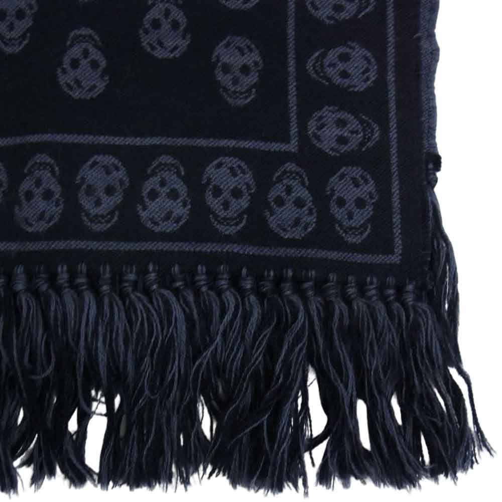 Alexander McQueen アレキサンダーマックイーン イタリア製 スカル総柄 ウール フリンジ マフラー ストール ネイビー系【中古】