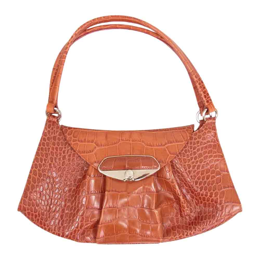Furla フルラ クロコ 型押し レザー ハンド バッグ ブラウン系【中古】