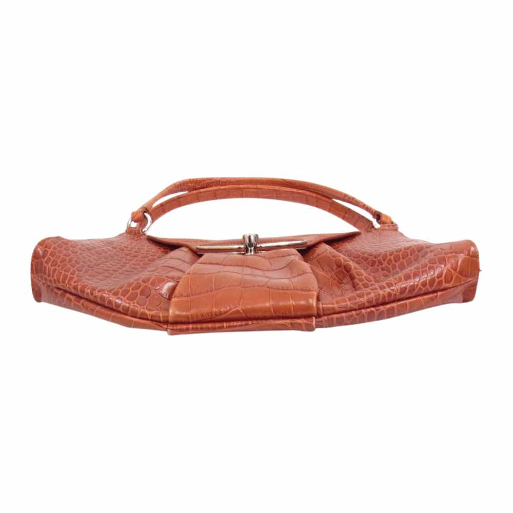 Furla フルラ クロコ 型押し レザー ハンド バッグ ブラウン系【中古】