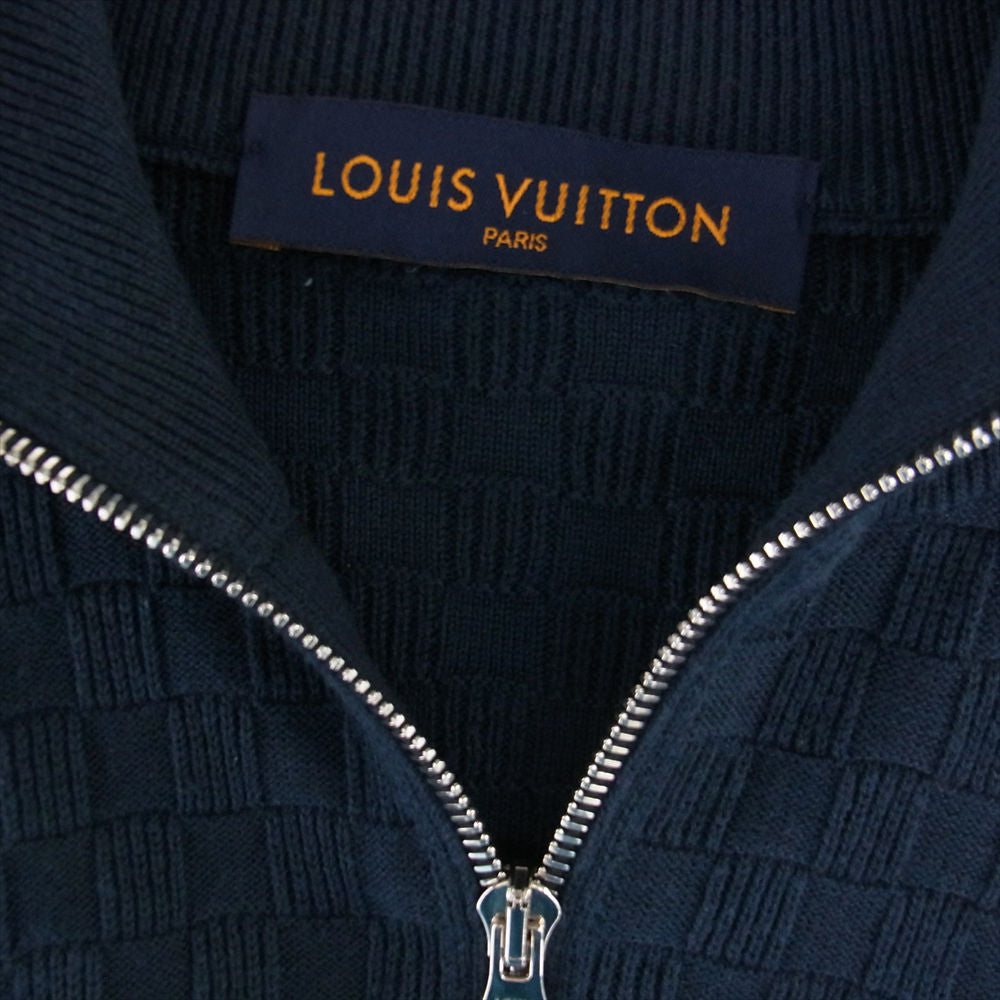LOUIS VUITTON ルイ・ヴィトン 国内正規品 レザーパッチ ダミエ ドライバーズ ウール ニット フルジップ カーディガン ネイビー系 S【中古】