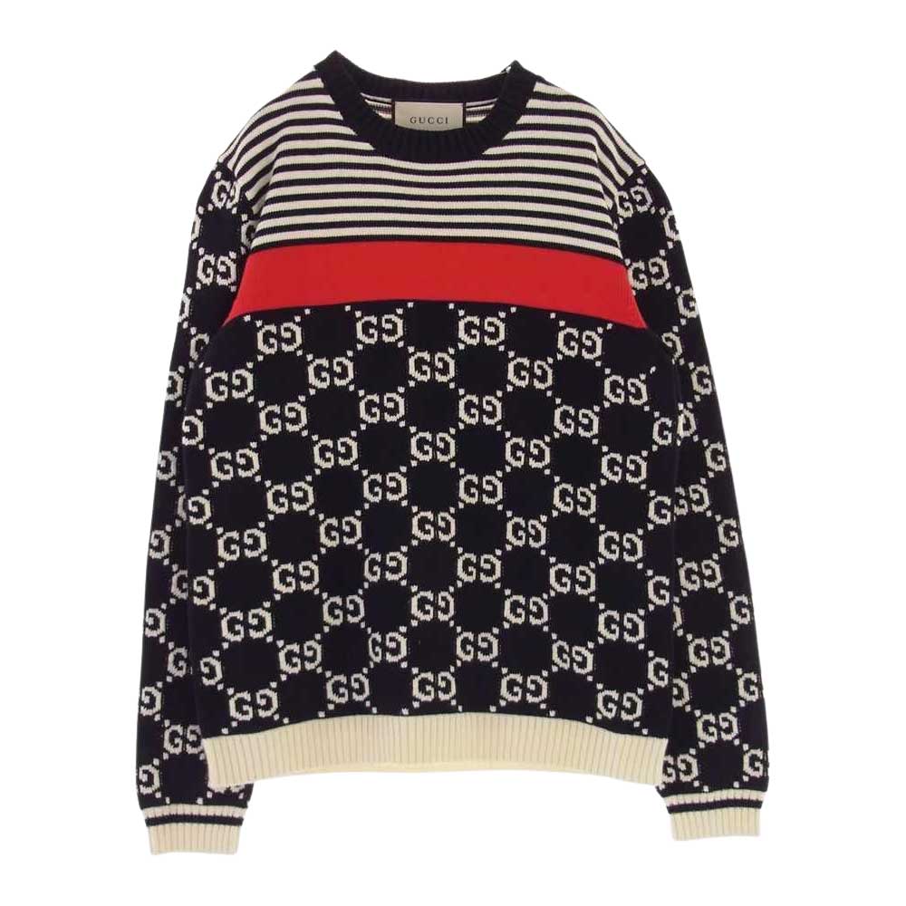 GUCCI グッチ 496458 GG ストライプ コットン ニット ブラック系 ホワイト系 M【美品】【中古】