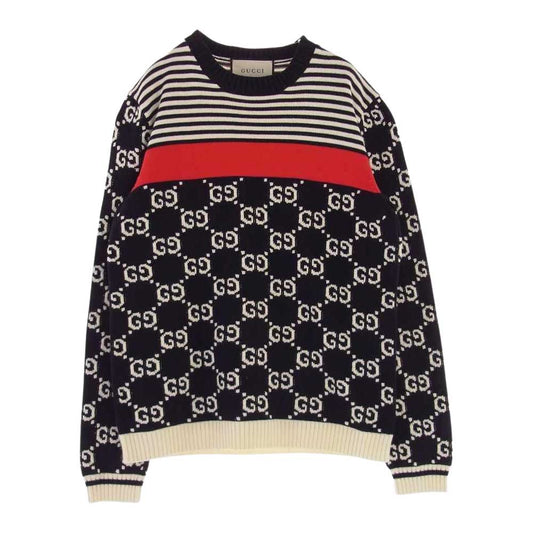 GUCCI グッチ 496458 GG ストライプ コットン ニット ブラック系 ホワイト系 M【美品】【中古】