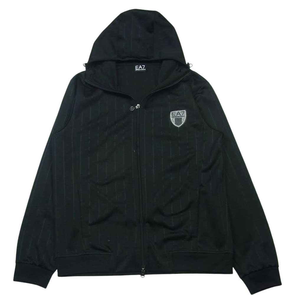 Emporio Armani エンポリオ・アルマーニ EA7 ストライプ フード付き トラックジャケット ジャージー ジップ パーカー ブラック系 XL【中古】