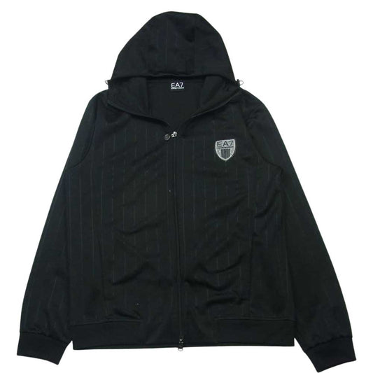 Emporio Armani エンポリオ・アルマーニ EA7 ストライプ フード付き トラックジャケット ジャージー ジップ パーカー ブラック系 XL【中古】