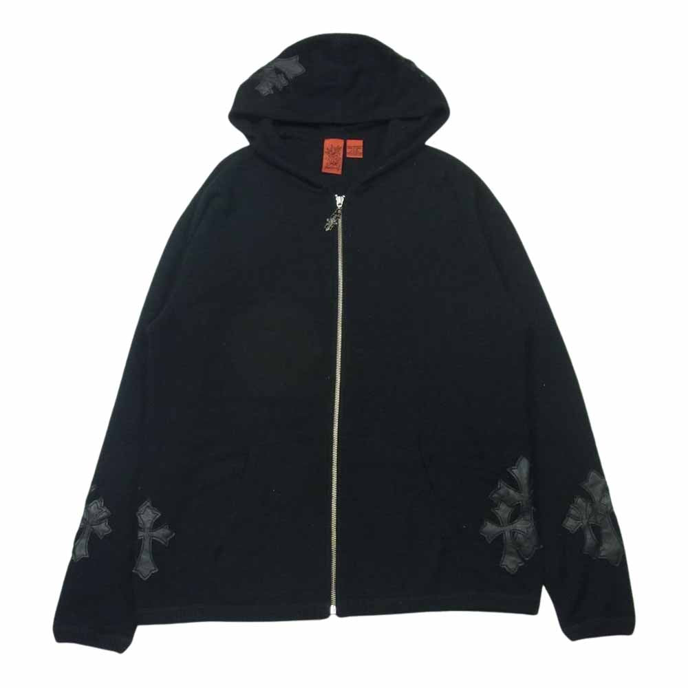 A&G エーアンドジー カシミヤ100％ ダガージップ レザークロスパッチ ニット フルジップ パーカー ブラック系 S【中古】