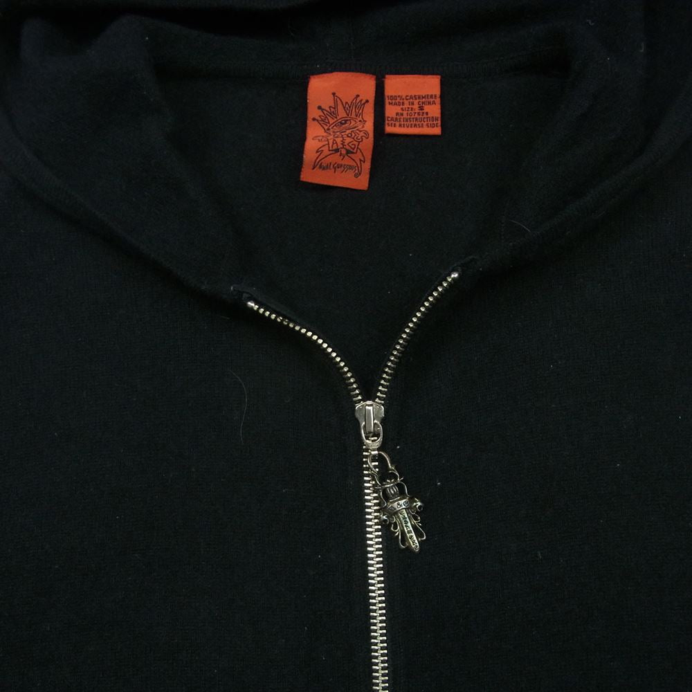 A&G エーアンドジー カシミヤ100％ ダガージップ レザークロスパッチ ニット フルジップ パーカー ブラック系 S【中古】