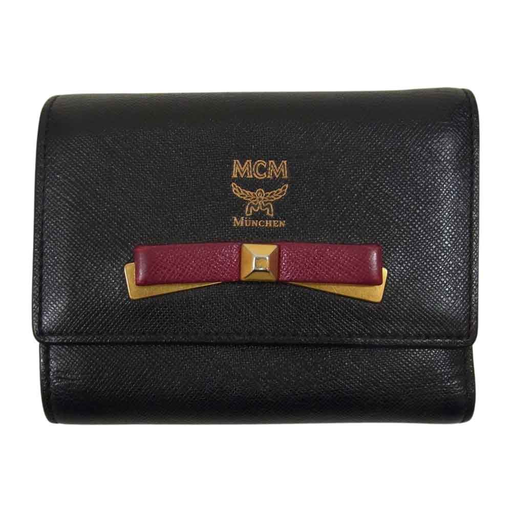 MCM エム・シー・エム リボン レザー 三つ折り 財布 ウォレット ブラック系 ワインレッド系【中古】