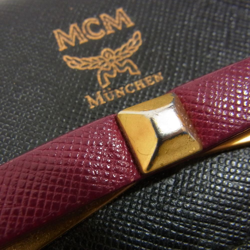 MCM エム・シー・エム リボン レザー 三つ折り 財布 ウォレット ブラック系 ワインレッド系【中古】