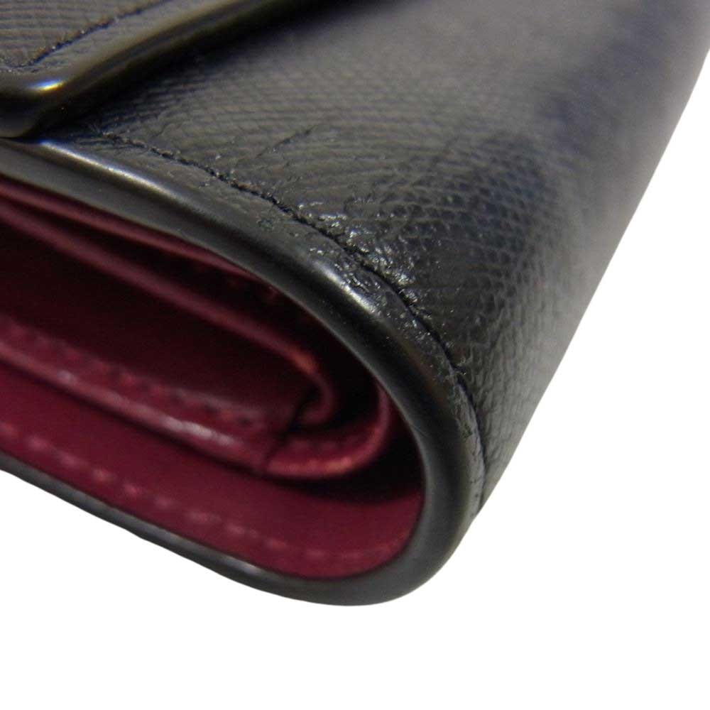 MCM エム・シー・エム リボン レザー 三つ折り 財布 ウォレット ブラック系 ワインレッド系【中古】