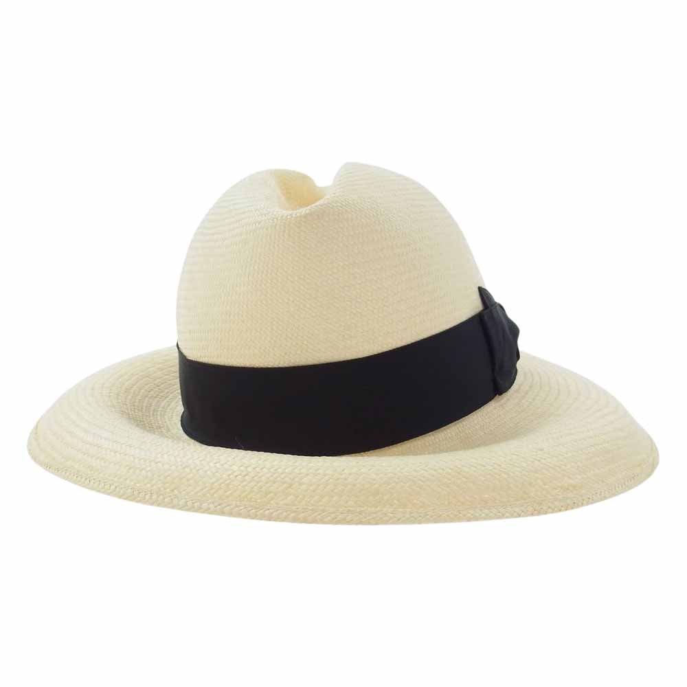 ボルサリーノ イタリア製 ストロー リボン 中折れ パナマハット オフホワイト系 L【美品】【中古】