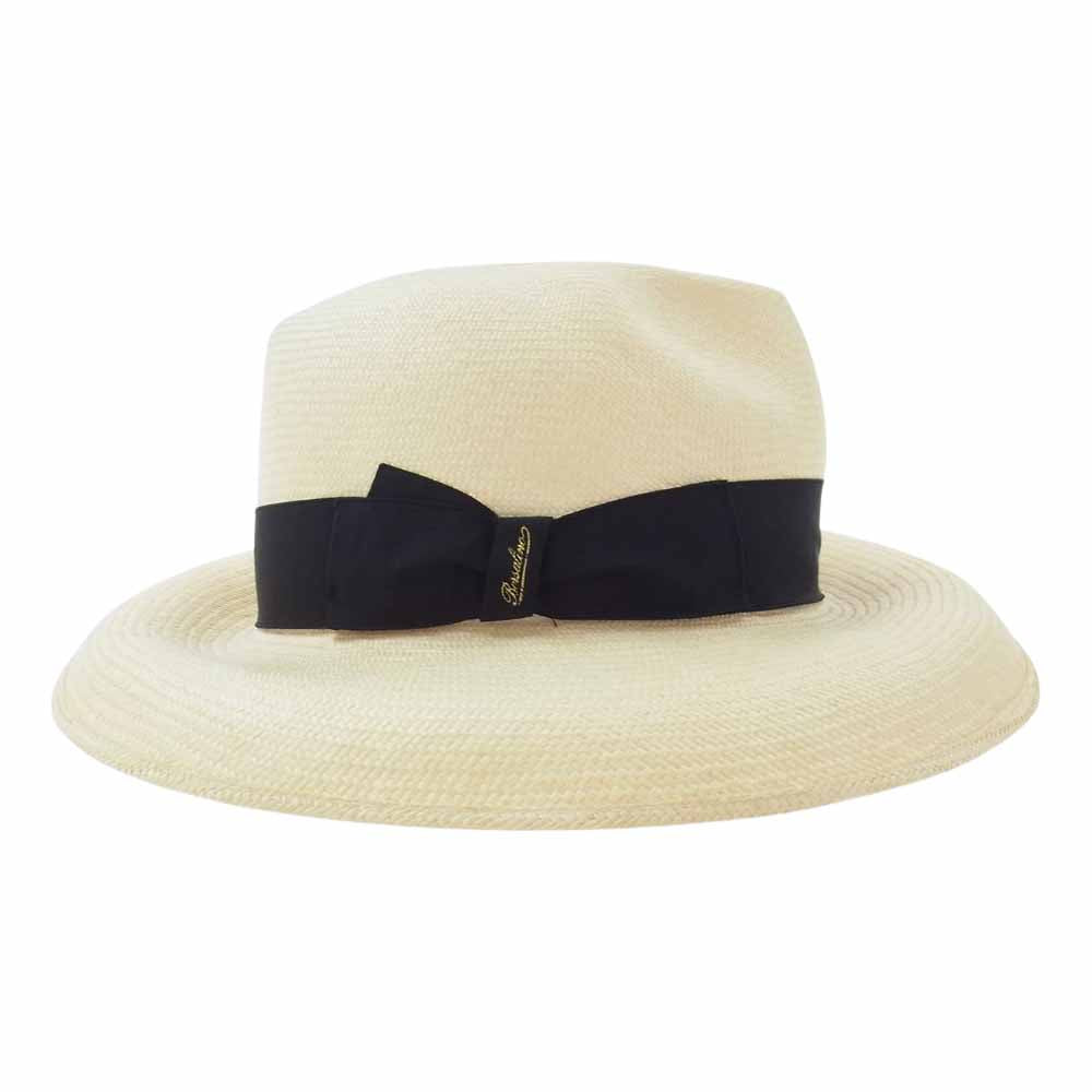 ボルサリーノ イタリア製 ストロー リボン 中折れ パナマハット オフホワイト系 L【美品】【中古】