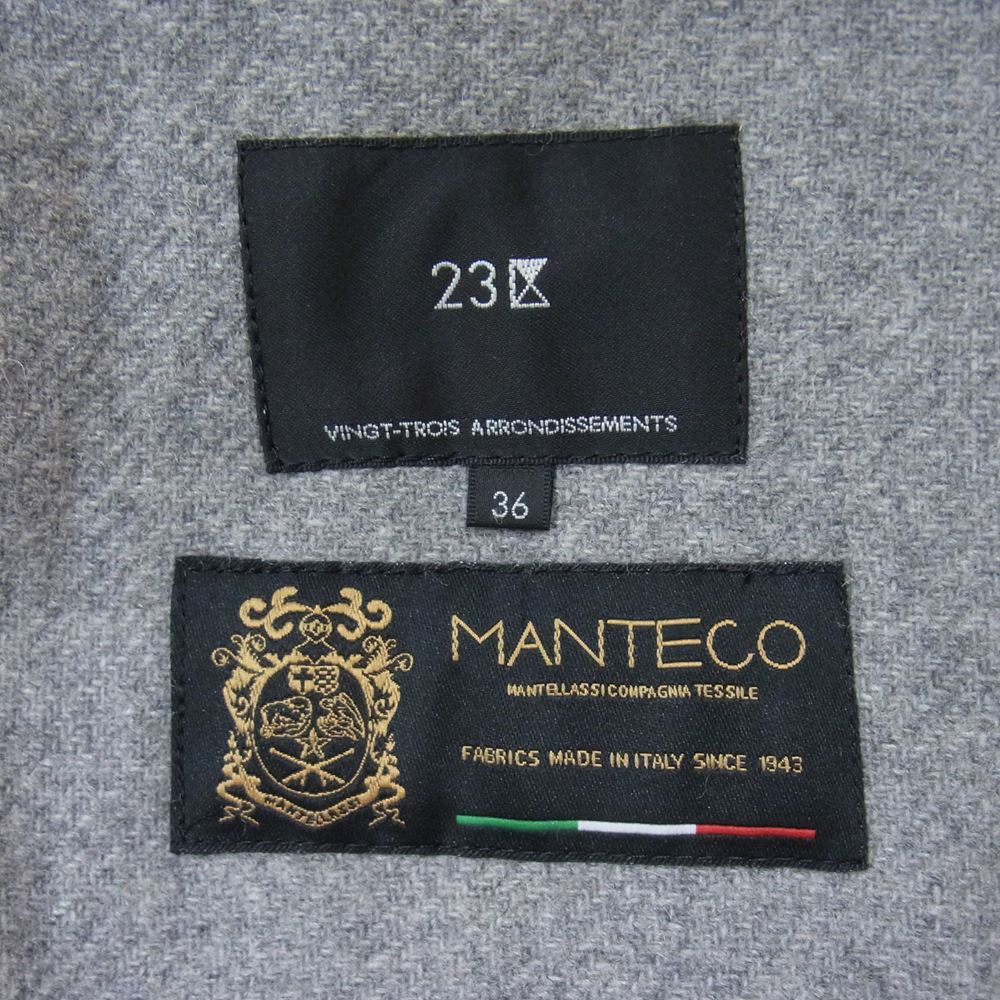 ニジュウサンク 6981014 MANTECO リバー ノーカラー ショート ウール コート ジャケット グレー系 36【極上美品】【中古】