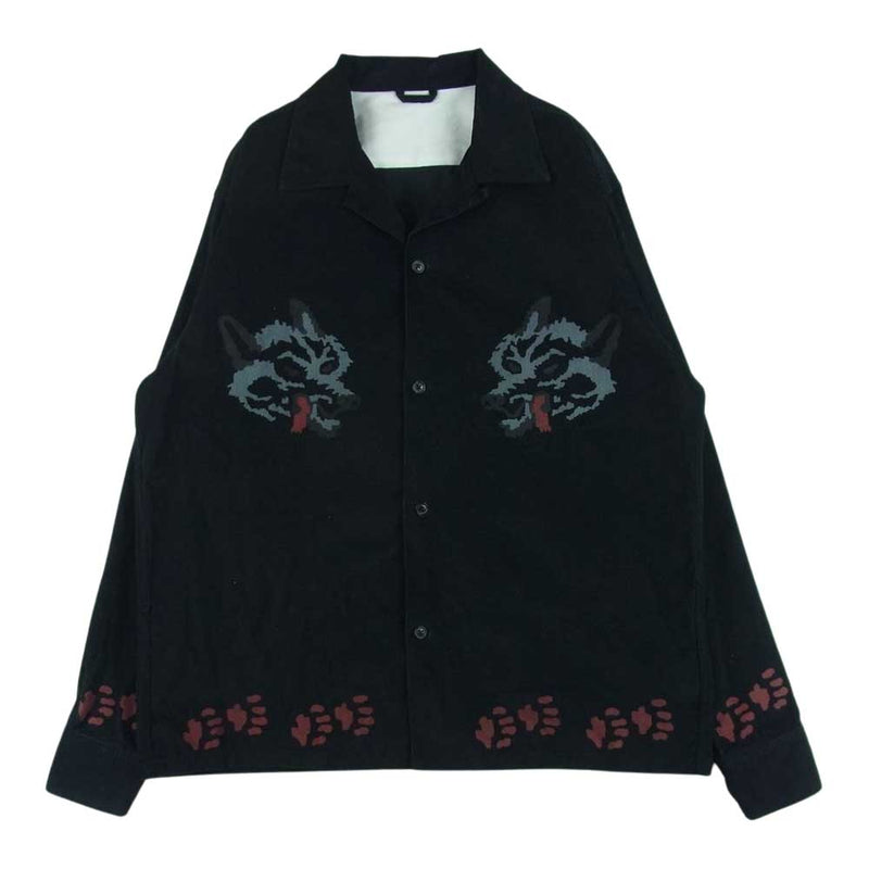 スリーフェイス 19AW WOLF SHIRT コーデュロイ ウルフ プリント 長袖 シャツ 日本製 ブラック系 L【中古】