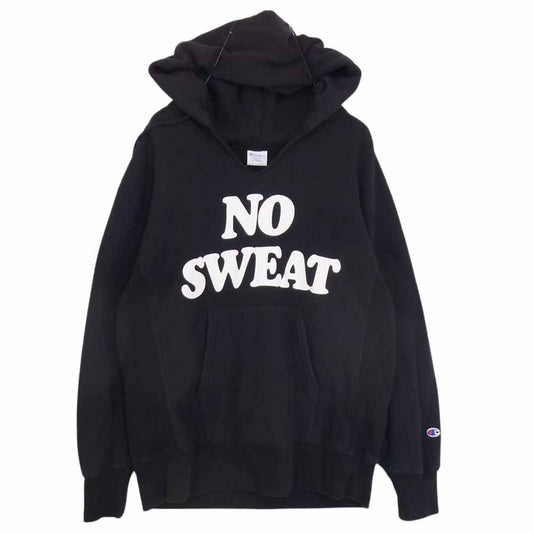 Champion チャンピオン NO SWEAT プリント 前Vネックカット リバースウィーブ プルオーバー パーカー ブラック系 XL【中古】