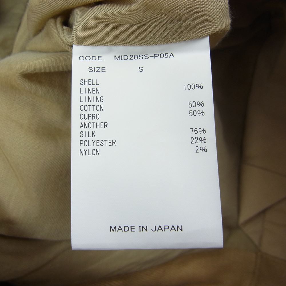 ミドリカワ 20SS MID20SS-P05A STRAIGHT SLACKS - LINEN リネン ストレート スラックス パンツ ベージュ系 S【中古】