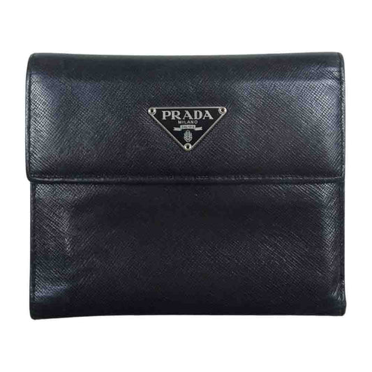 PRADA プラダ サフィアーノ レザー 三つ折り 財布 ウォレット ブラック系【中古】
