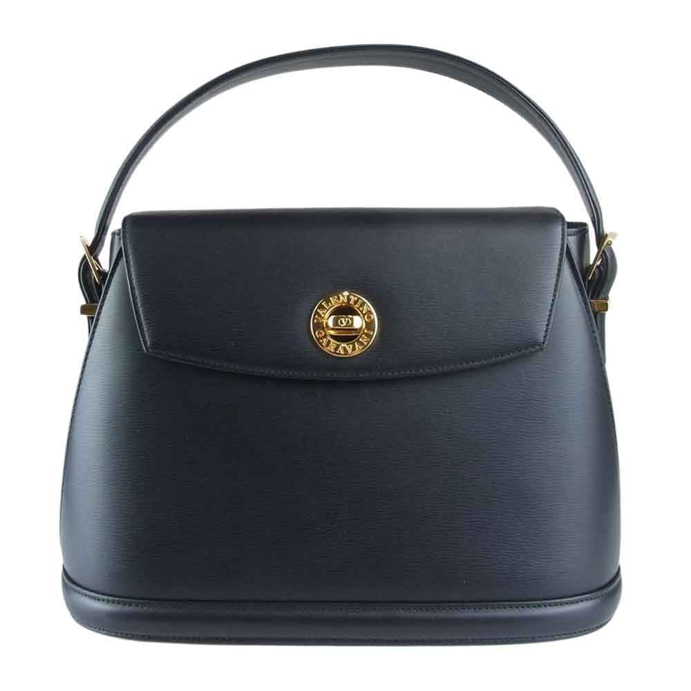 VALENTINO ヴァレンティノ レザー フラップ ゴールド金具 ハンドバッグ ブラック系【中古】