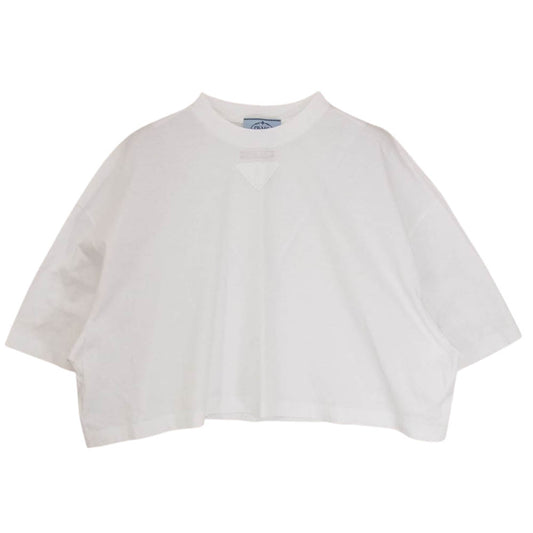 PRADA プラダ 3560A S212 1Y98 CROPPED JERSEY TEE クロップド ロゴプレート ダメージ加工 半袖 ジャージー Tシャツ ホワイト系 S【中古】
