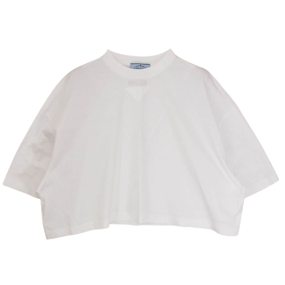 PRADA プラダ 3560A S212 1Y98 CROPPED JERSEY TEE クロップド ロゴプレート ダメージ加工 半袖 ジャージー Tシャツ ホワイト系 S【中古】