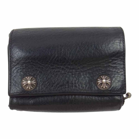 CHROME HEARTS クロムハーツ（原本無） 3FOLD 3フォールド クロスボタン レザー ウォレット 財布 ブラック系【中古】